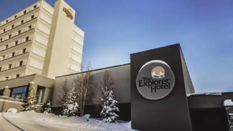 Exterior of Explorer Hotel in Yellowknife, Northwest Territories, with snow on ground