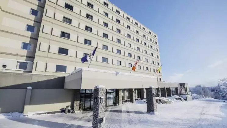 Snow covering the ground around Explorer Hotel in Yellowknife, Northwest Territories