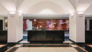 The front desk in the lobby of the Marriott Hotel in Panama City.