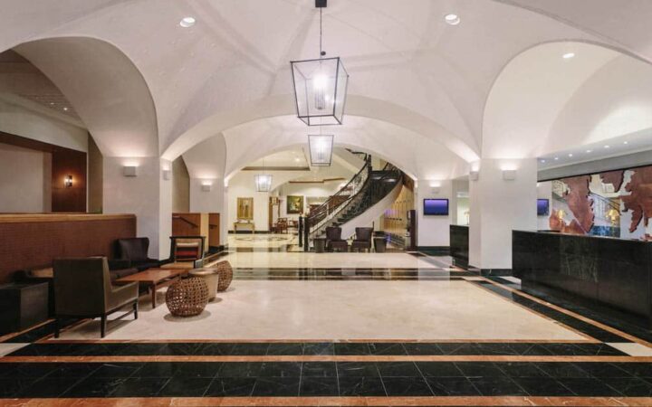 The lobby with arched ceilings and marble floors at the Marriott Hotel in Panama City.