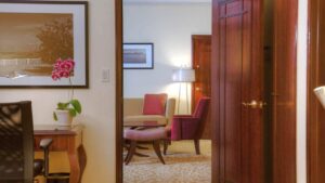A glimpse of the master suite, looking through the door between the bedroom and living room, at the Marriott Hotel in Panama City.