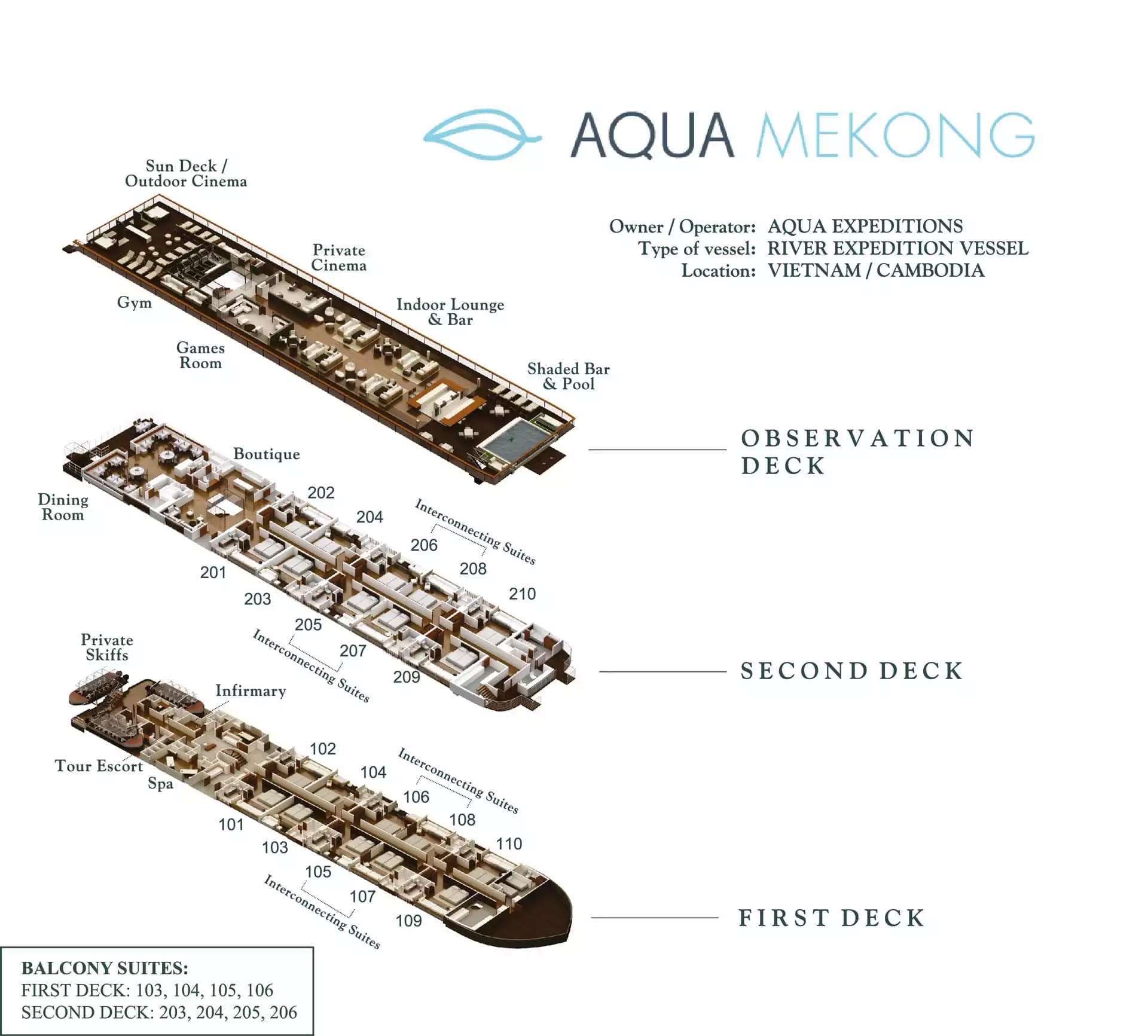 Deck plan aboard aqua mekong showing first, second, and observation deck.