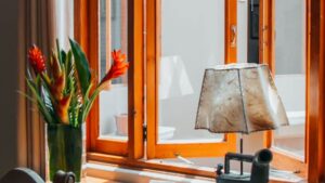 looking out toward the window of the hotel antigua miraflores in peru with a flowering plant in a vase and an old lamp