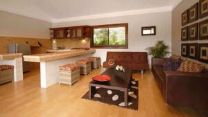 large kitchen area with wood floors and large countertops at hotel ladera in panama