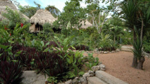 Stone and gravel paths connect to the private cabanas through dense jungle at Lamanai Outpost, a sustainable eco-lodge in Belize