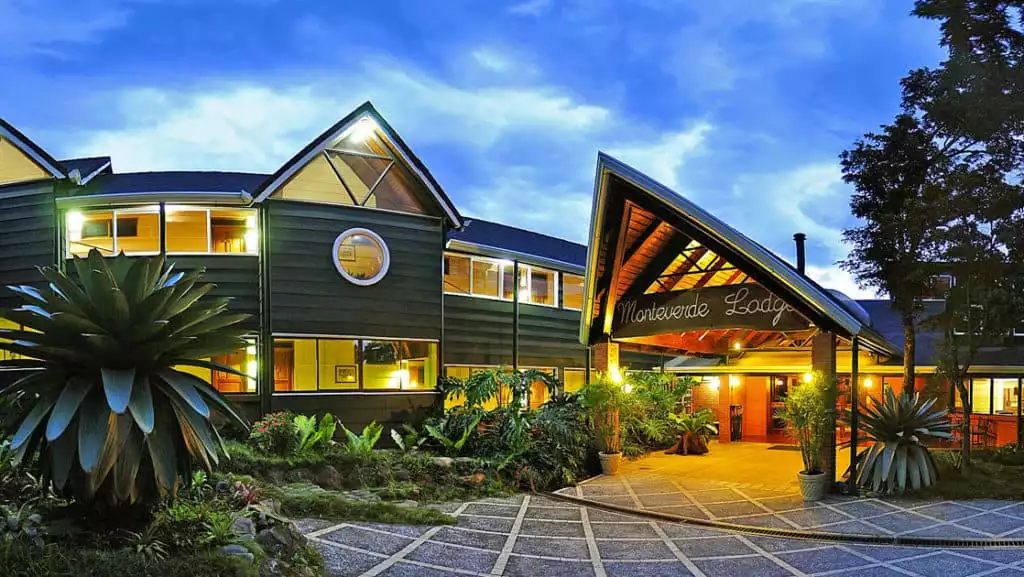 The entrance to the Monteverde Lodge lit up at night. A nature-lovers paradise, it is located in Costa Rica’s Tilarán Mountain Range on the edge of the world's best-known cloud forest