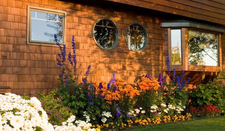 Colorful flowers bloom in a garden bed just outside the shingled wall of the Parkside Guest House, a bed-and-breakfast in Anchorage, Alaska