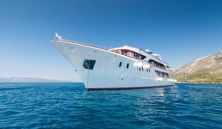 Bow of Aquamarin small ship cruising in the Mediterranean.