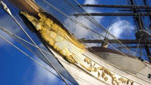 bow of the Sea Cloud luxury mediterranean small ship covered in gold plating