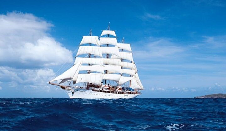 Sea Cloud luxury sailboat cruising in the Mediterranean on a sunny day
