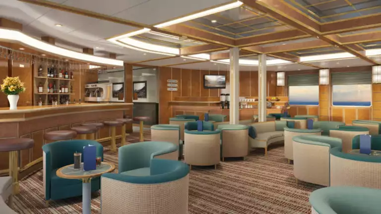 Hebridean Sky XXI lounge area with chairs and small tables, couch, bar and self service station.
