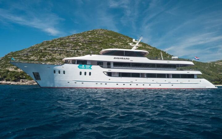 Portside of Avangard small yacht in the Mediterranean.