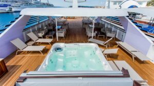 Hot tob on sun deck near lounge area aboard Avangard.