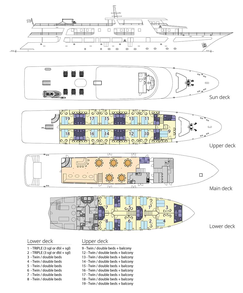 Deck plan showing 4 decks of Ave Maria.
