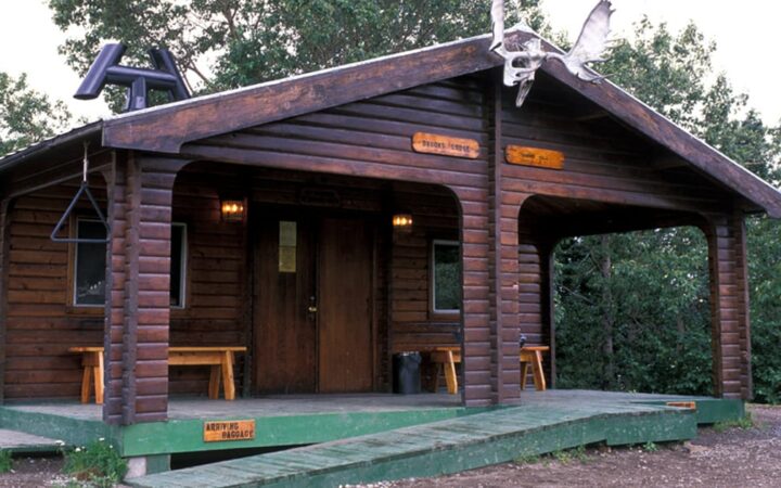 The Brooks Lodge, a charming and old log building, is one of the best access points for watching brown bears fish for sockeye salmon in Katmai National Park.