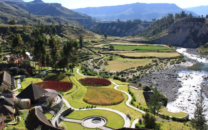 Exterior of the Colca Lodge on the banks of the Colca River, with pre-Inca agricultural terraces that have been declared a Peruvian cultural heritage area
