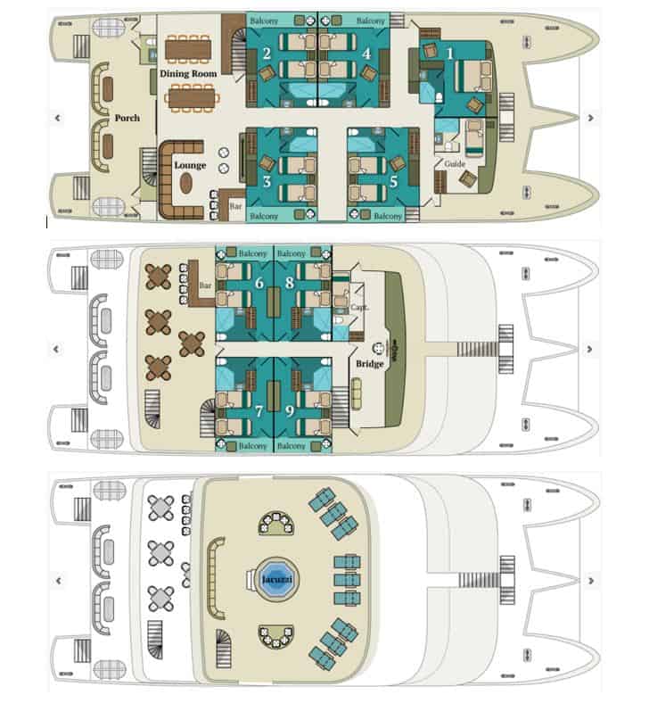 Deck plan of the Alya showing three different decks.