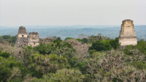 Tikal ruins and pyramids sticking out above the treeline in Guatemala.