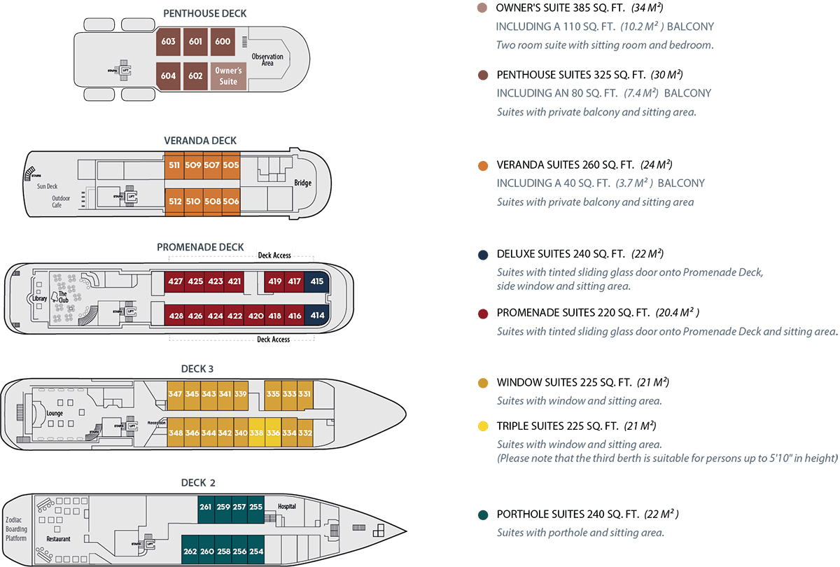 Deck plan of Antarctica small ship Island Sky with 5 decks & 8 cabin categories.
