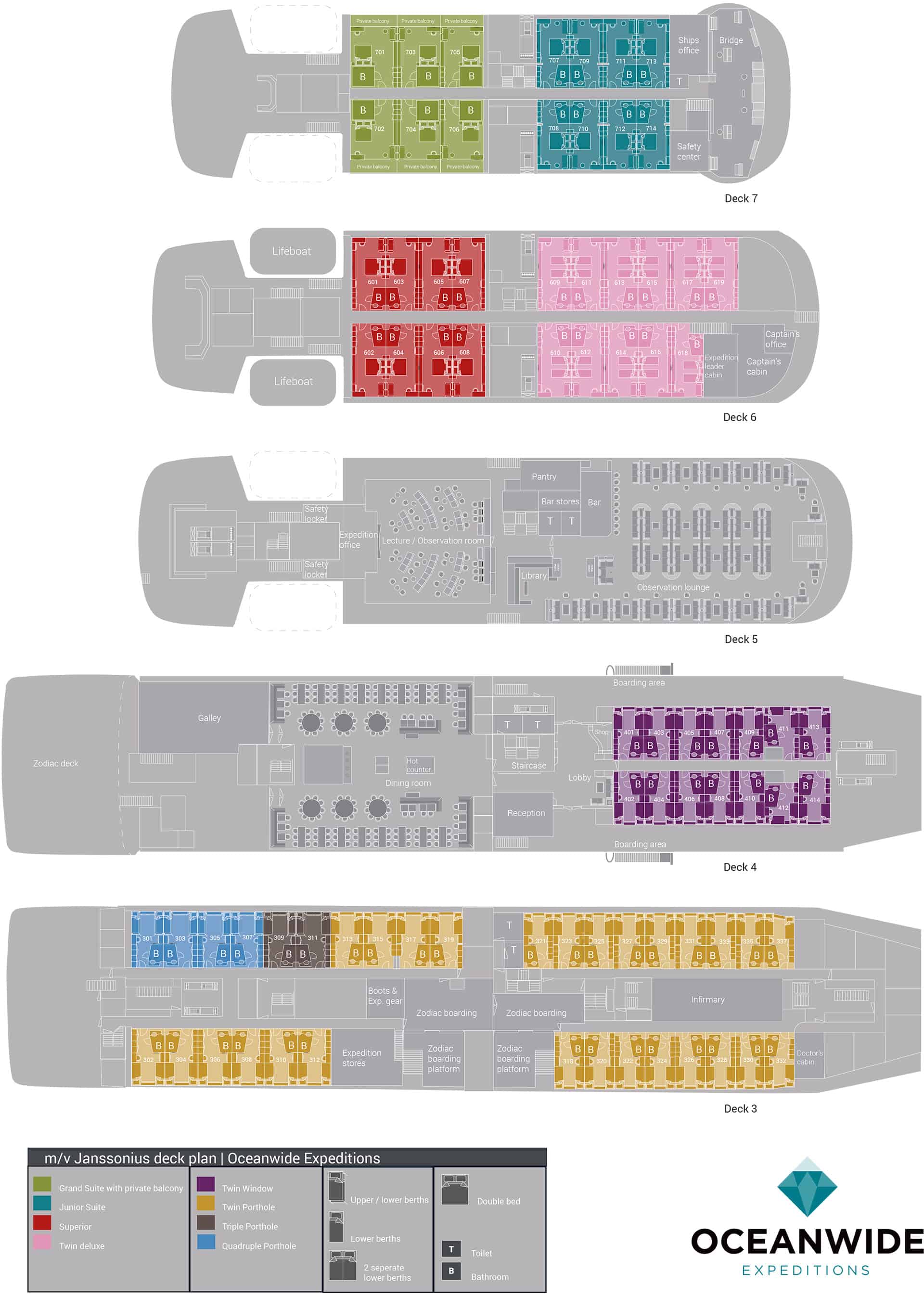 Deck plan of Janssonius polar expedition ship with 7 decks.