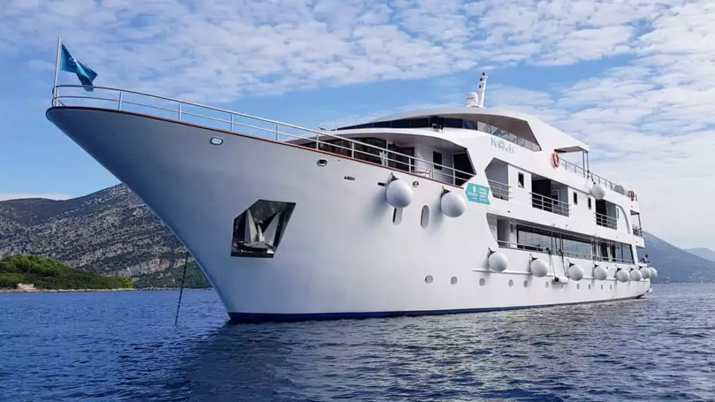Markan luxury yacht anchored off the coast in the Mediterranean.