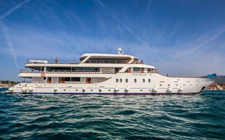 Exterior starboard side of Nautilus Croatia & Mediterranean deluxe small yacht on a sunny day.