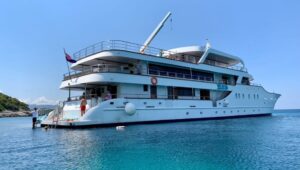 Nautilus Croatia & Mediterranean deluxe small yacht at anchor for a swim stop in blue and turquoise waters with guests on the swimstep during a sunny day.