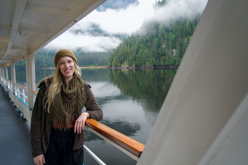 AdventureSmith Olivia, photographed on the deck of a small ship cruise in Alaska on a cloudy moody morning 