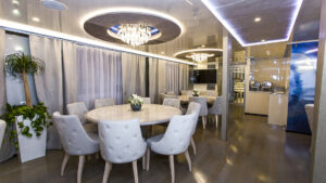 Tables in dining room aboard Ave Maria.