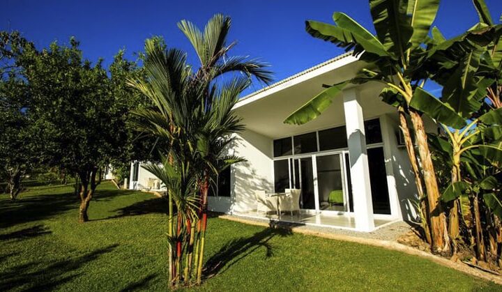 The exterior of the Bocas del Mar hotel with a green lawn, palm trees, and blue sky. A perfect day in Panama.