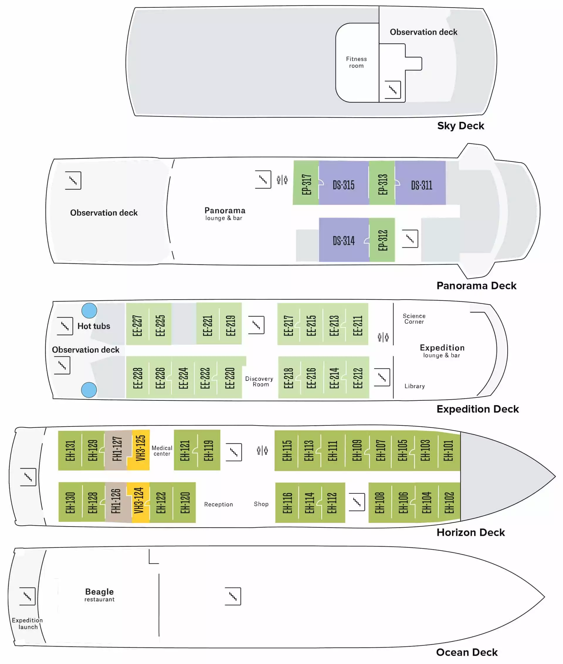 Santa Cruz II Galapagos small ship deck plan showing 5 levels