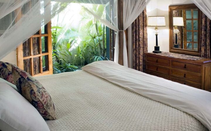 The romantic garden suite with a king-sized bed and a private terrace surrounded by lush greens at Todos Santos Inn, an old hacienda hotel in Baja