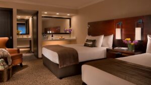 The deluxe room at the Lakefront Anchorage with two queen beds. This luxury hotel is a stopover for those exploring the Alaskan wilderness