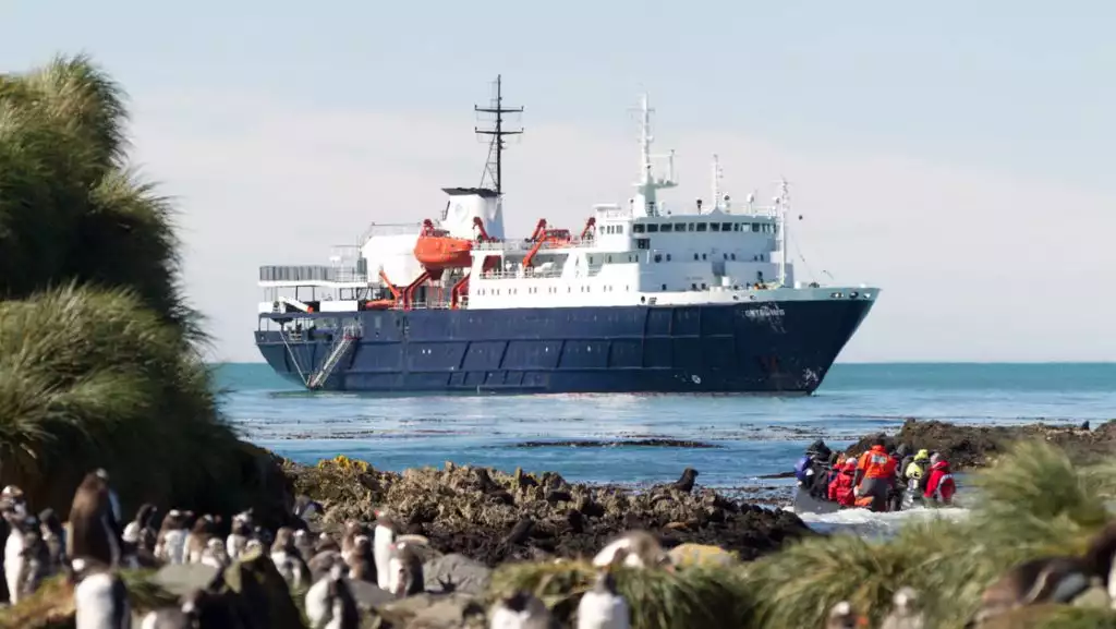 ortelius small ship cruising on a sunny day with penguins and travelers in the foreground