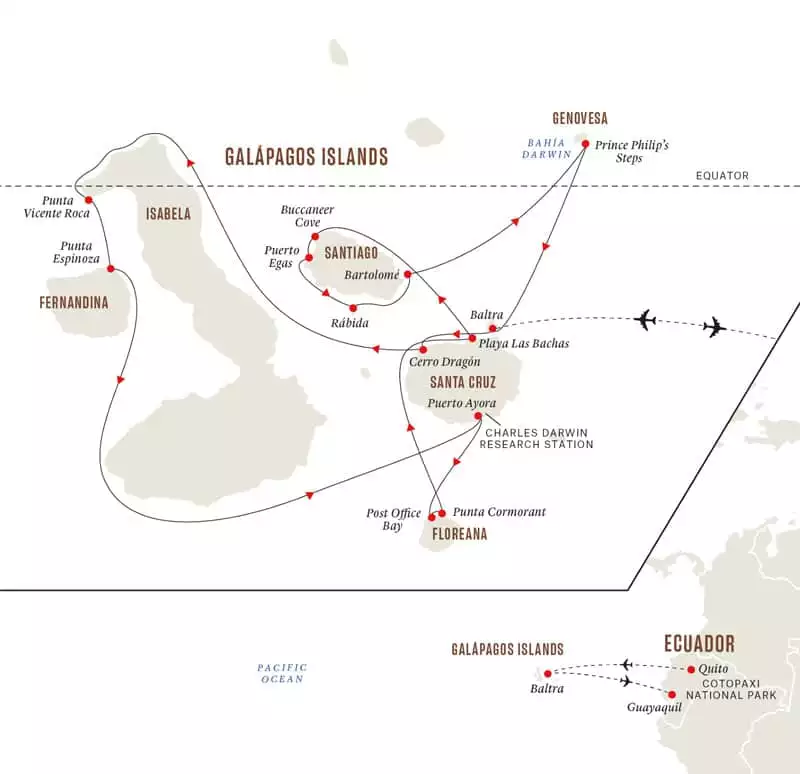 11-day Nine of The Best Isles cruise on Santa Cruz II operating round-trip from Baltra for 9 days cruising Santa Cruz, Isabela, Fernandina, Floreana, Santiago, Rabida, Bartolome and Genovesa islands.