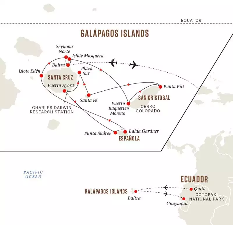 7-day In Darwin's Footsteps cruise on Santa Cruz II operating round-trip from Baltra for 7 days cruising Mosquera Islet, Osborn Islet, Eden Islet and the islands of Santa Cruz, Santa Fe, South Plaza, Espanola and North Seymour.