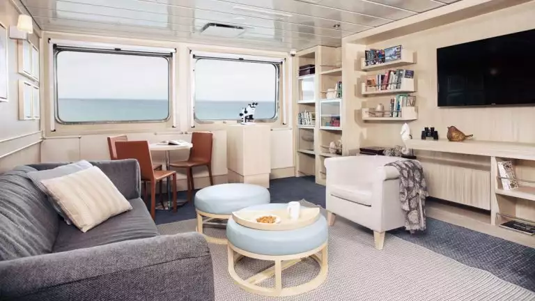 while aboard the Santa Cruz II be sure to visit the Discovery Room to check out books and maps covering your visit to the Galapagos