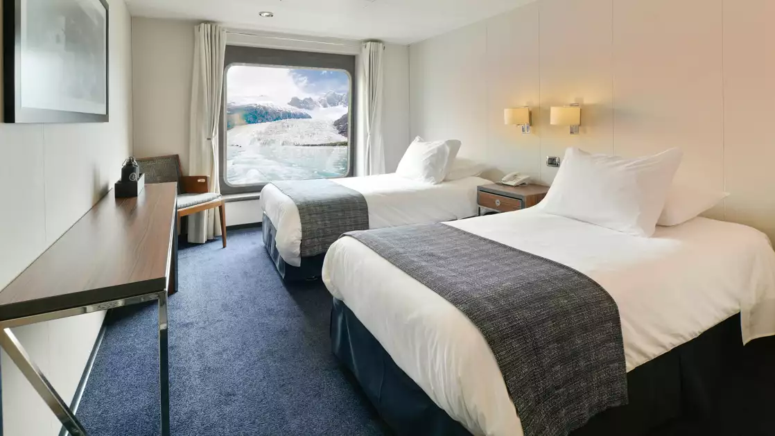 The Stella Australis in Chilean Patagonia has plenty of space in the AA Twin cabin features twin beds with a full length window