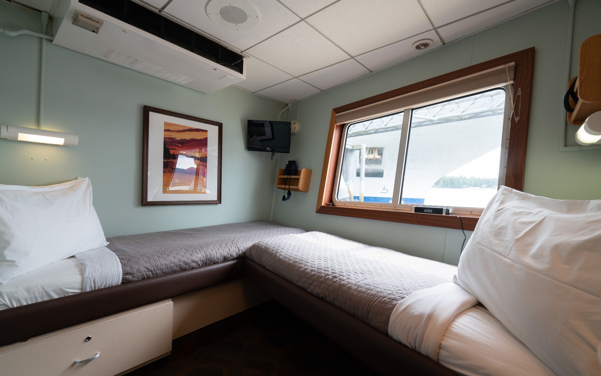Two twin beds with brown comforters and slanted view window in Compass Cabin aboard Wilderness Explorer.