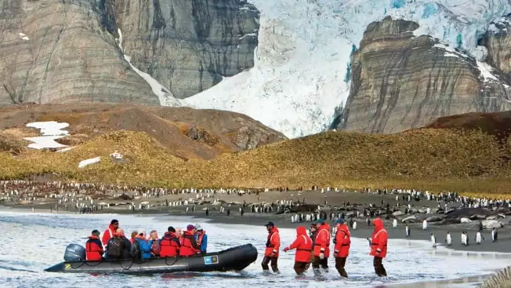 Passengers from the national geographic expedition to the falklands and south georgia step off a zodiac boat onto a beach with snowy mountains in the background