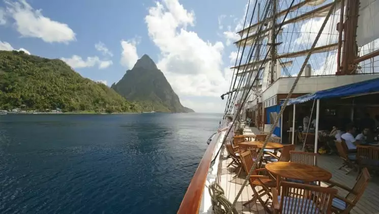 looking off the deck of the small ship sea cloud toward tropical island st lucia in the caribbean