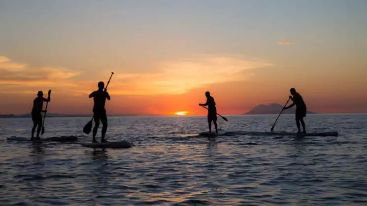 A group of people on stand up paddleboards on the ocean during a sunset in indonesia