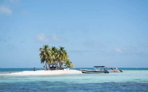 A beach island with palm trees and turquoise water in Belize.