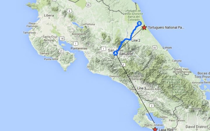 Costa Rica Coast to Coast route map.