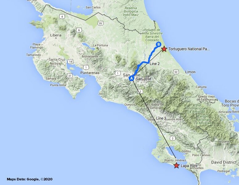 Costa Rica Coast to Coast route map.