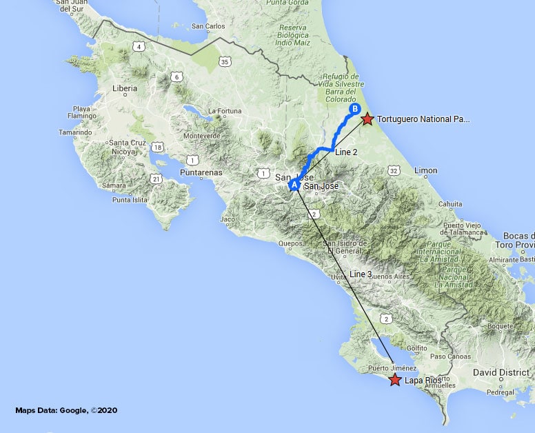 Costa Rica Coast to Coast route map.