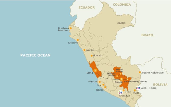 Route map of 5- and 6-day Machu Picchu Explorer land tour, operating round-trip from Cusco or Lima, with visits to the Sacred Valley, Pisac & Machu Picchu