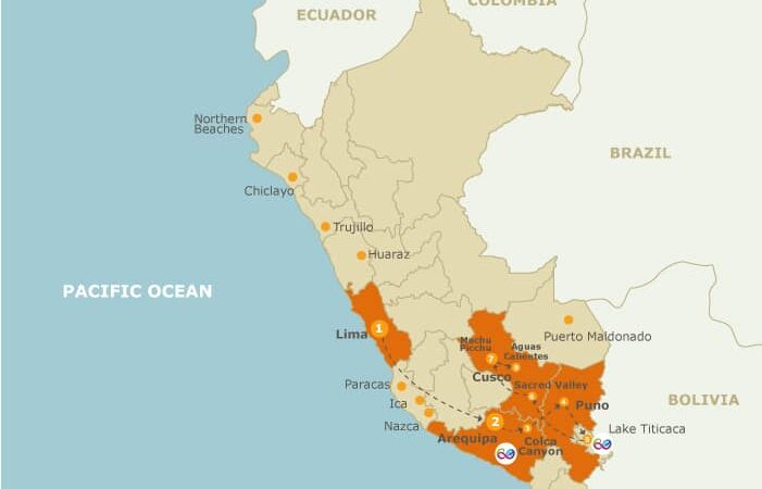Route map of Peru Highlights land tour, operating from Lima to Cusco with visits to Miraflores, Arequipa, Colca Canyon, Puno, Lake Titicaca, the Sacred Valley & Machu-Picchu.