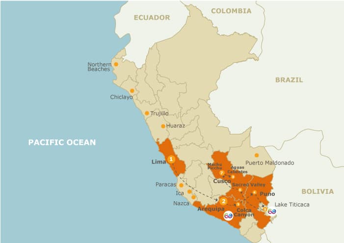 Route map of Peru Highlights land tour, operating from Lima to Cusco with visits to Miraflores, Arequipa, Colca Canyon, Puno, Lake Titicaca, the Sacred Valley & Machu-Picchu.