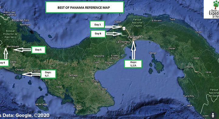 Route map of the Best of Panama land tour, operating round-trip from Panama City, with visits to the Panama Canal, Agua Clara Locks, Chiriqui Highlands, Finca Ceriana, Boquete & Gulf of Chiriqui National Marine Park.